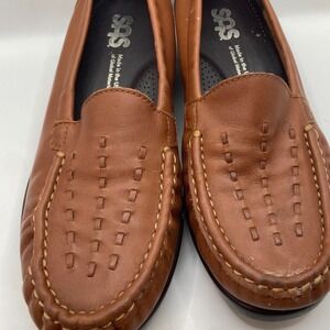 SAS Simplify Brown Leather Perforated Comfort Loafers Womens 7.5 W Wide USA Made